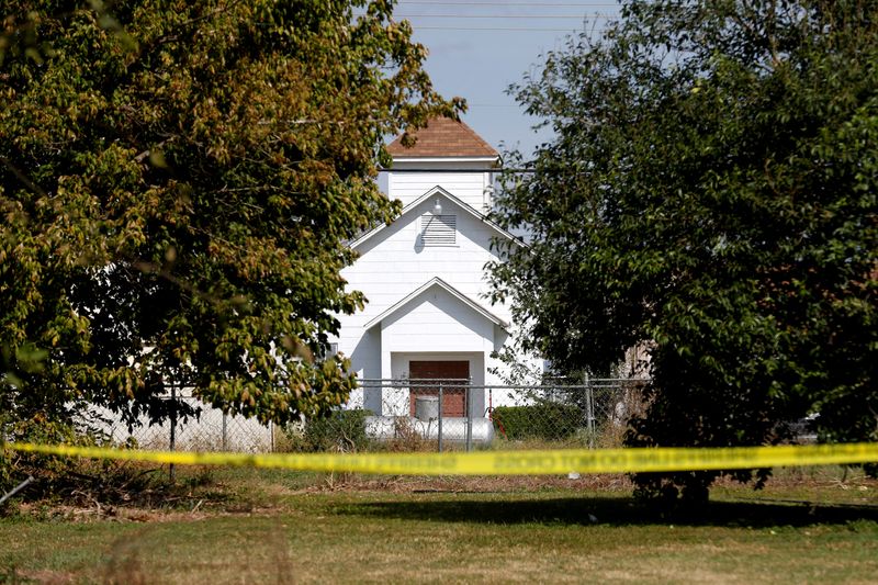 &copy; Reuters. FILE PHOTO: The entrance to the First Baptist Church of Sutherland Springs, the site of the shooting, is seen in Sutherland Springs, Texas, U.S., November 7, 2017. REUTERS/Jonathan Bachman/File Photo