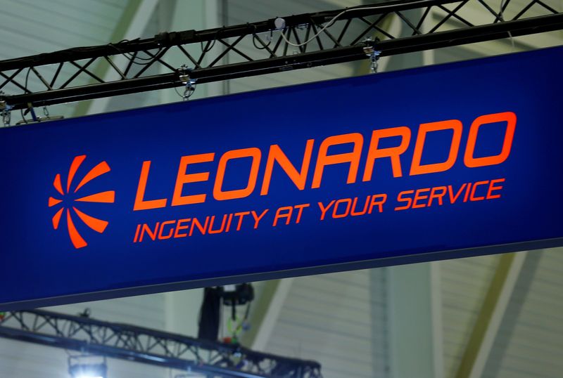 &copy; Reuters. FILE PHOTO: A logo of helicopter maker Leonardo is pictured on their booth during the European Business Aviation Convention & Exhibition (EBACE) in Geneva, Switzerland, May 22, 2017.  REUTERS/Denis Balibouse/File Photo