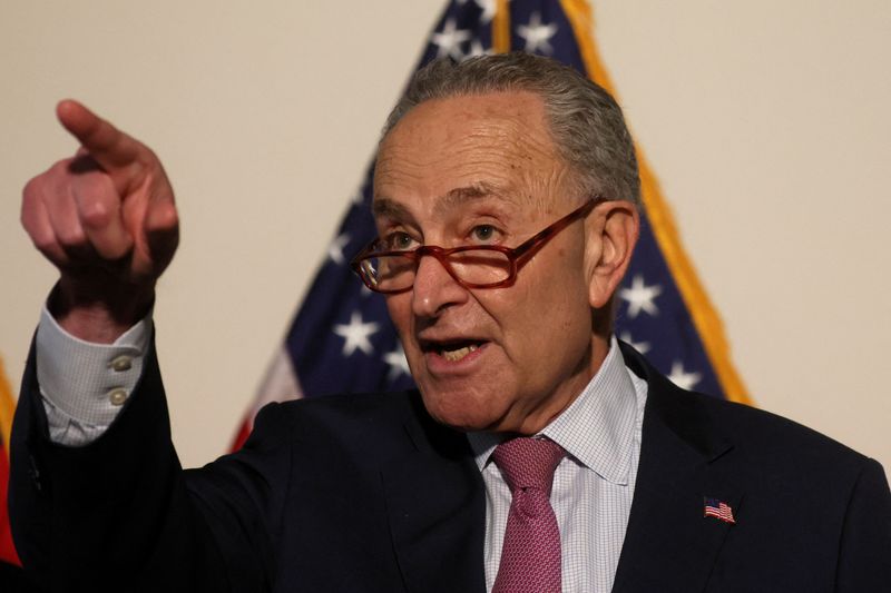 &copy; Reuters. U.S. Senate Majority Leader Chuck Schumer (D-NY) speaks to reporters following the Senate Democrats weekly policy lunch on Capitol Hill in Washington, U.S., February 8, 2022.  REUTERS/Brendan McDermid