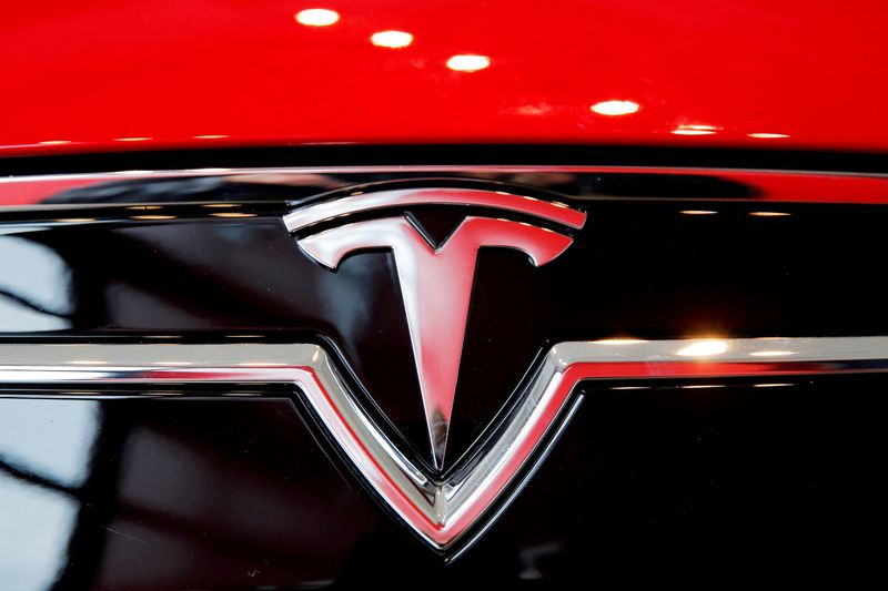 &copy; Reuters. FILE PHOTO: A Tesla logo on a Model S is photographed inside of a Tesla dealership in New York, U.S., April 29, 2016. REUTERS/Lucas Jackson