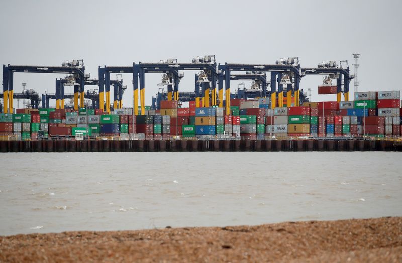 &copy; Reuters. FILE PHOTO: Containers are stacked at the Port of Felixstowe, Britain, January 28, 2021. Picture taken January 28, 2021.  REUTERS/Peter Cziborra