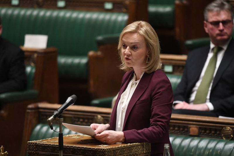 &copy; Reuters. FILE PHOTO: British Foreign Secretary Liz Truss gives a statement on toughening the sanctions on Russia if it invaded Ukraine, in the House of Commons in London, Britain, January 31, 2022. UK Parliament/UK Parliament/Jessica Taylor/Handout via REUTERS