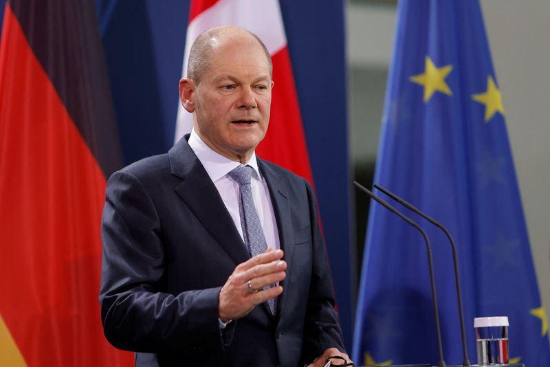 &copy; Reuters. German Chancellor Olaf Scholz speaks to the media during a joint news conference with Danish Prime Minister Mette Frederiksen following talks at the Chancellery, in Berlin, Germany, February 9, 2022. Michele Tantussi/Pool via REUTERS
