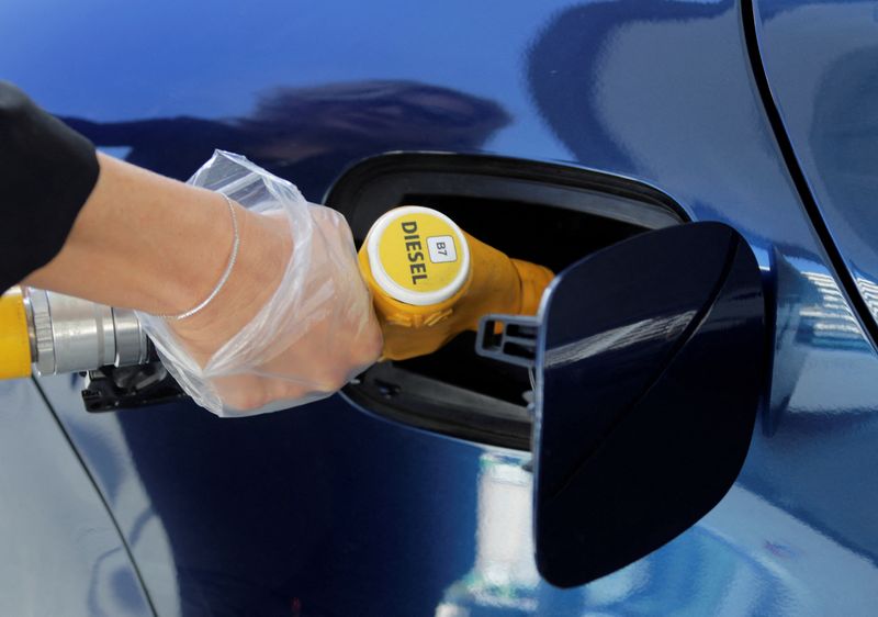 &copy; Reuters. FILE PHOTO: A diesel fuel nozzle with new European labels to standardise gasoline pumps in the EU zone is seen at a petrol station in Nice, France, October 12, 2018. REUTERS/Eric Gaillard