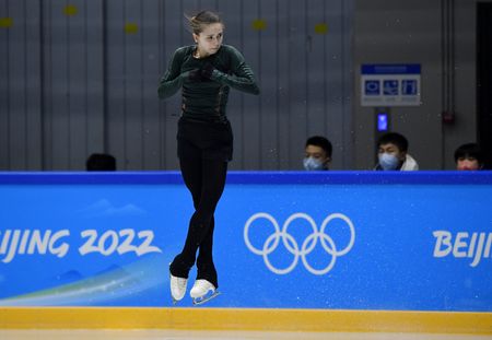 Olympics-Russian figure skater Valieva at practice after reports of failed drug test