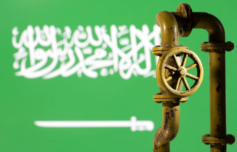 &copy; Reuters. علم السعودية وراء نموذج لأنبوب لنقل الغاز الطبيعي في صورة التقطت في الثامن من فبراير شباط 2022. تصوير: دادو روفيتش - رويترز.
