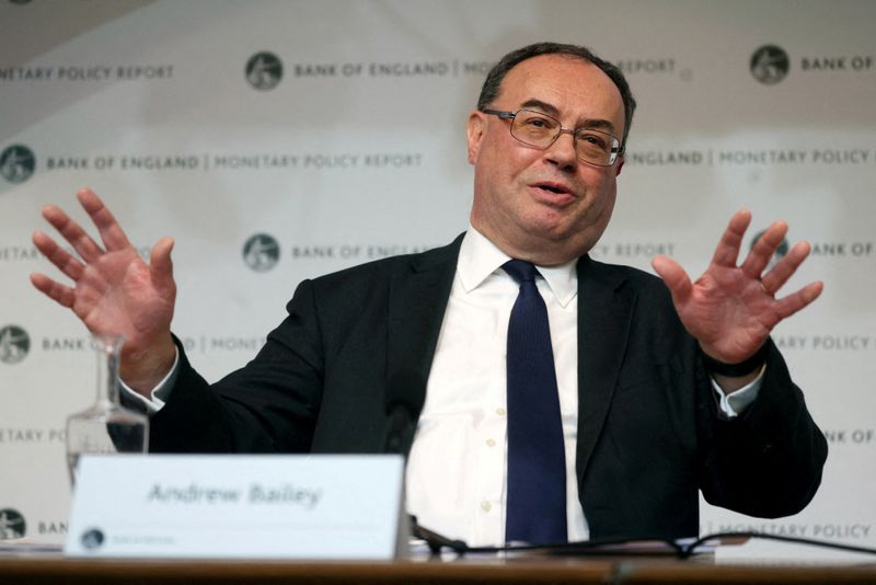 &copy; Reuters. FILE PHOTO: Governor of the Bank of England Andrew Bailey speaks during a news conference at Bank of England in London, Britain February 3, 2022. Dan Kitwood/Pool via REUTERS