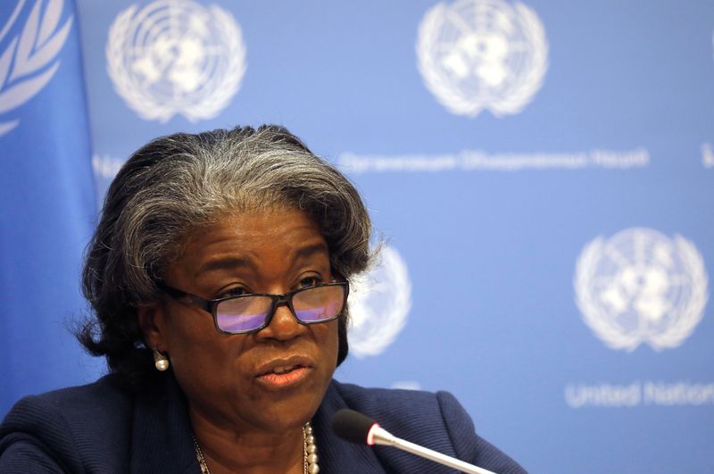 &copy; Reuters. FOTO DE ARCHIVO-La nueva embajadora de Estados Unidos ante las Naciones Unidas, Linda Thomas-Greenfield, ofrece una conferencia de prensa con motivo del inicio de la presidencia estadounidense del Consejo de Seguridad de la ONU para el mes de marzo, en la