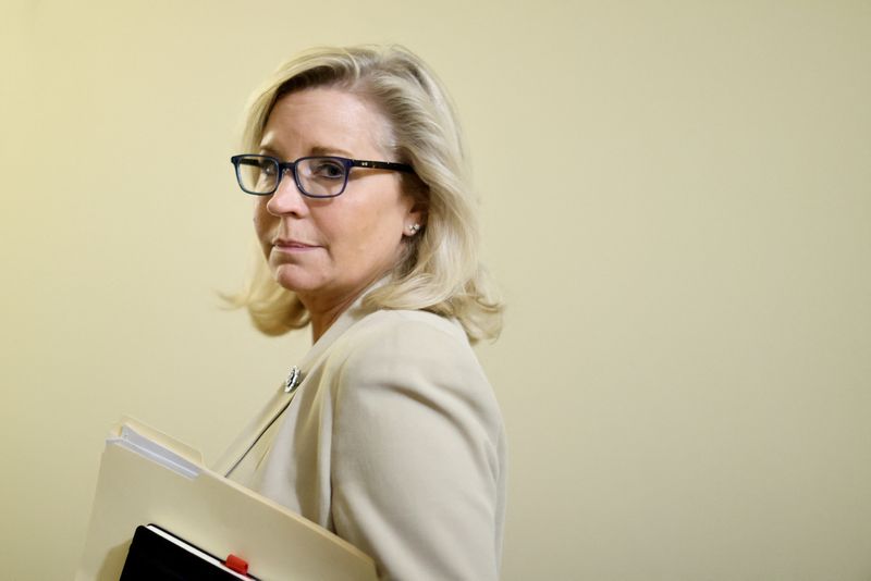 &copy; Reuters. FILE PHOTO: U.S. Representative Liz Cheney (R-WY) listens to a reporter’s question as she departs after meeting with fellow Select Committee to Investigate the January 6th Attack on the U.S. Capitol members and House Speaker Nancy Pelosi (D-CA) at the C