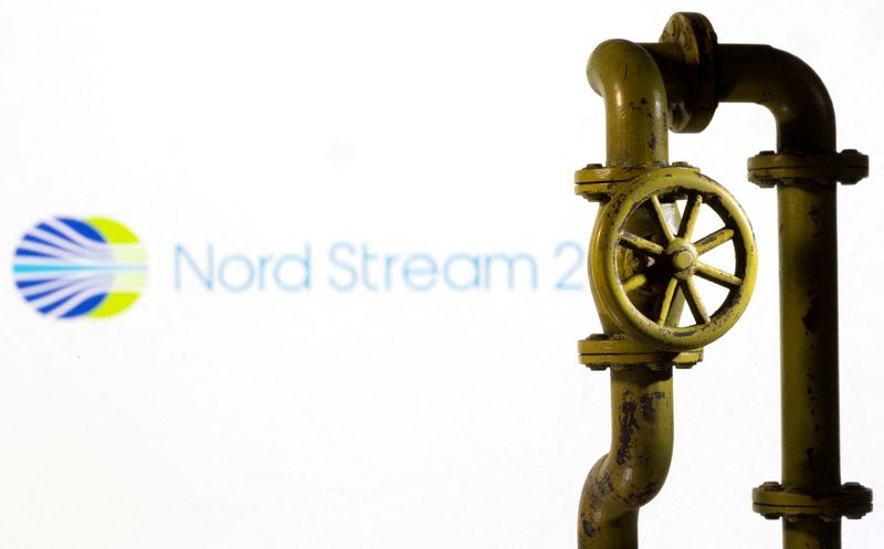 &copy; Reuters. FILE PHOTO - A 3D printed natural gas pipeline is placed in front of displayed Nord Stream 2 logo in this illustration taken, February 8, 2022. REUTERS/Dado Ruvic/Illustration