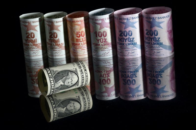 &copy; Reuters. FILE PHOTO: A U.S. one dollar banknote is seen next to Turkish lira banknotes in this picture illustration in Istanbul, Turkey, November 23, 2021. REUTERS/Murad Sezer/Illustration/File Photo