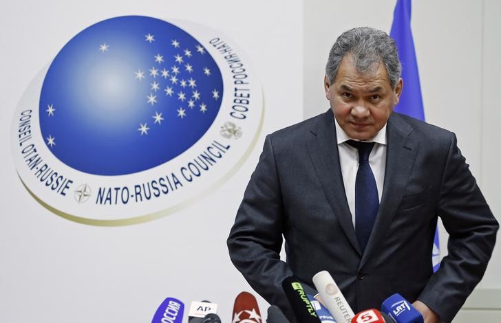 © Reuters. Russia's Defence Minister Sergey Shoygu holds a news conference at the end of a NATO-Russia defence ministers Council at the Alliance headquarters in Brussels October 23, 2013.                REUTERS/Yves Herman (BELGIUM - Tags: POLITICS MILITARY)