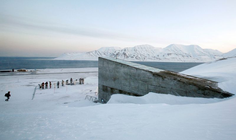 © Reuters. فريق تغطية تلفزيونية ينتظر خارج قبو سفالبارد العالمي للبذور على جزيرة سبتسبرجن النرويجية في صورة من أرشيف رويترز.