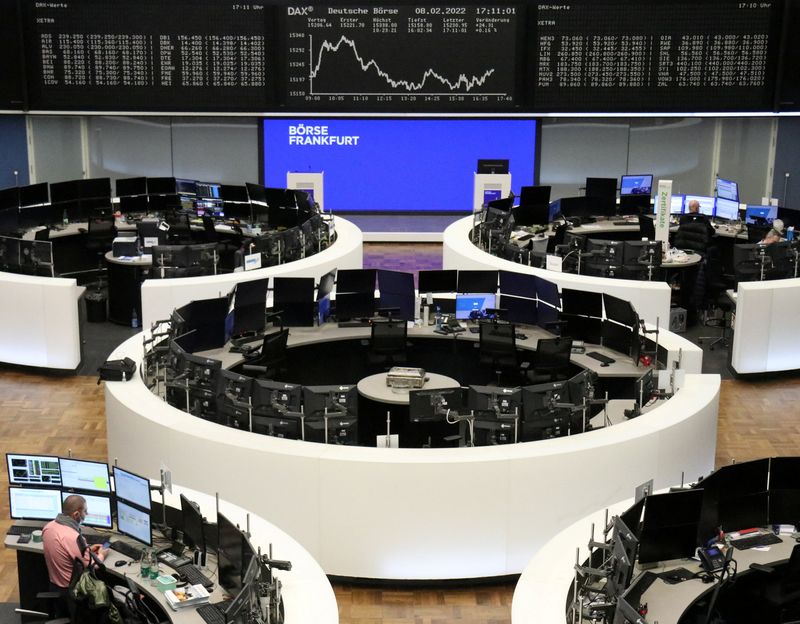 &copy; Reuters. FILE PHOTO: The German share price index DAX graph is pictured at the stock exchange in Frankfurt, Germany, February 8, 2022.    REUTERS/Staff