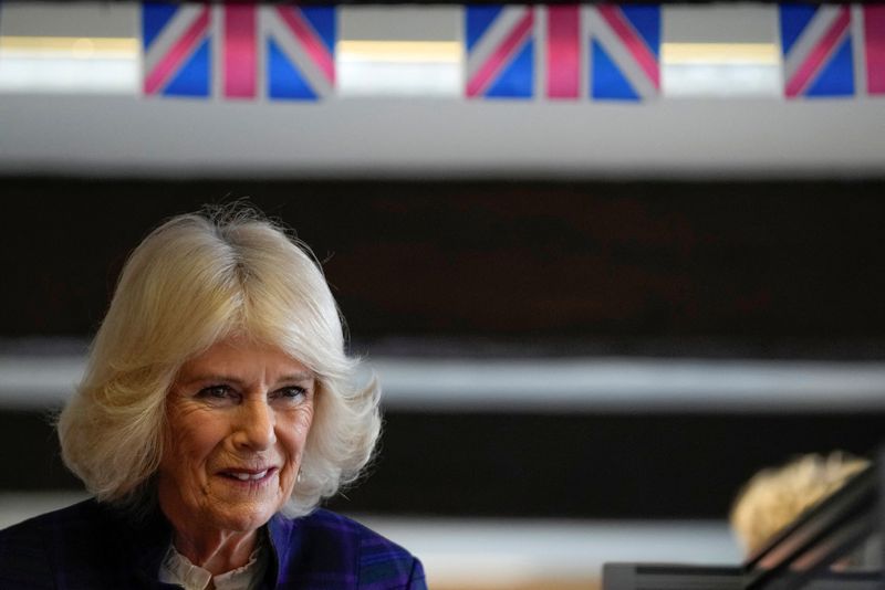 &copy; Reuters. FILE PHOTO: Britain's Camilla, Duchess of Cornwall visits the Thames Valley Partnership charity to learn about their work in the digital advancements around the TecSOS and Bright Sky interventions which support those affected by domestic abuse in Aston Sa
