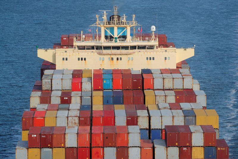 &copy; Reuters. FILE PHOTO: Containers are stacked on the deck of the cargo ship as it is underway in New York Harbor in New York City, U.S. November 7, 2021.  REUTERS/Brendan McDermid/File Photo