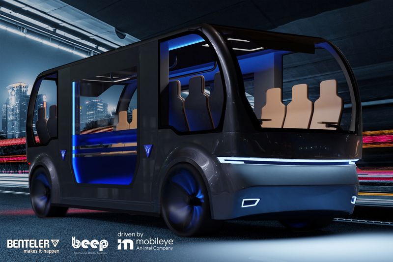 © Reuters. A view shows a self-driving electric shuttle that Mobileye, Benteler EV Systems and Beep, plan to launch in the U.S. in 2024, in this undated artist's rendering handout picture. Benteler/Handout via REUTERS    