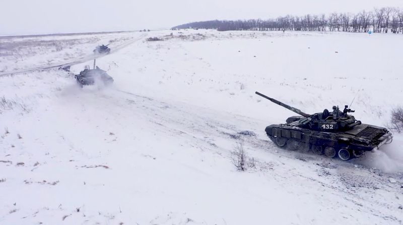 &copy; Reuters. Forças Armadas russas realizam exercícios militares na região de Leningrado
14/02/2022 Ministério da Defesa da Rússia/Divulgação via REUTERS