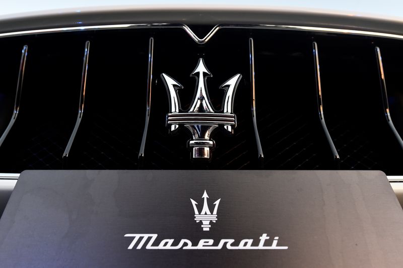 &copy; Reuters. FILE PHOTO: A Maserati logo is pictured on a car during the launch of the new MC20 super sports car, a key release in a pipeline of new models, including hybrid and full electric ones, in Modena, Italy, September 9, 2020. REUTERS/Flavio Lo Scalzo