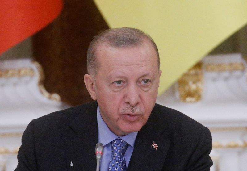 &copy; Reuters. الرئيس التركي رجب طيب أردوغان يتحدث في مؤتمر صحفي في كييف في الثالث من فبراير شباط 2022. تصوير: فالنتين أوجيرينكو - رويترز