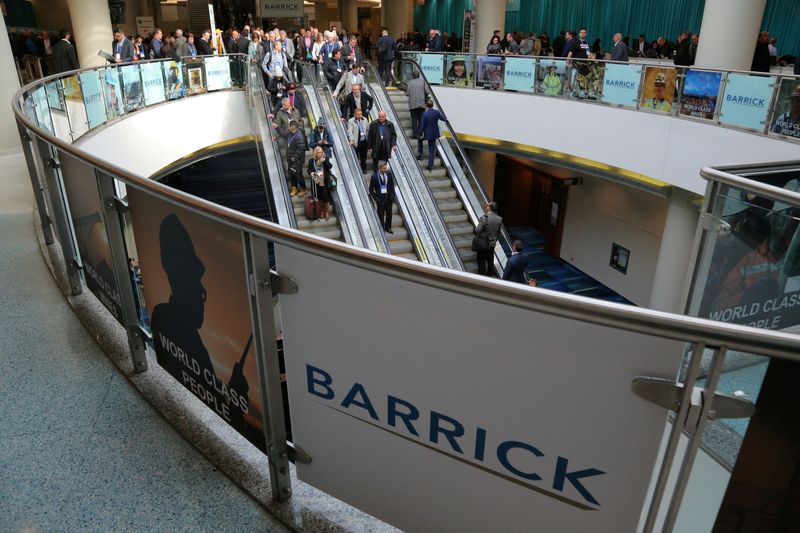&copy; Reuters. FILE PHOTO: The logo of sponsor Barrick Gold Corporation is seen as visitors arrive at the Prospectors and Developers Association of Canada (PDAC) annual convention in Toronto, Ontario, Canada March 4, 2019. REUTERS/Chris Helgren/File Photo