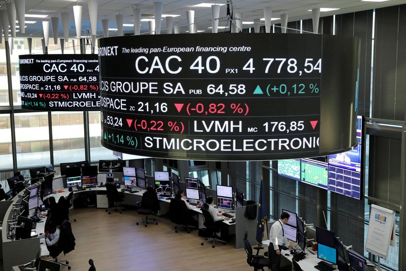 &copy; Reuters. FILE PHOTO: Stock index price for France's CAC 40 and company stock price information are displayed on screens as they hang above the Paris stock exchange, operated by Euronext NV, in La Defense business district in Paris, France, December 14, 2016. REUTE