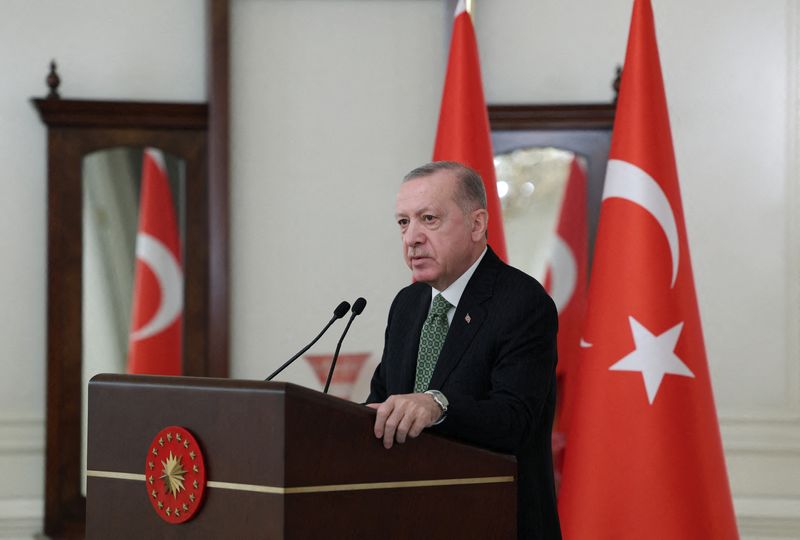 &copy; Reuters. الرئيس التركي رجب طيب أردوغان يتحدث خلال لقاء مع السفراء الأجانب في أنقرة يوم 12 يناير كانون الثاني 2022. صورة من المكتب الإعلامي للرئاسة حصلت 