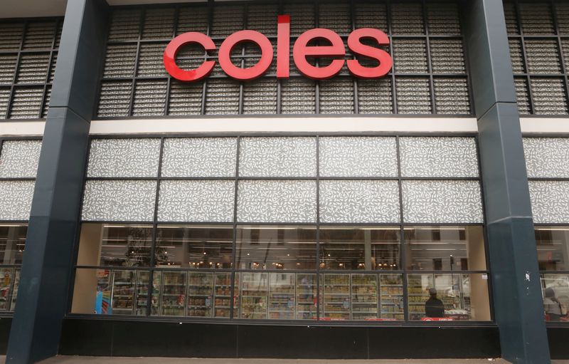 &copy; Reuters. FILE PHOTO: The Coles (main Wesfarmers brand) logo is seen on a facade of a Coles supermarket in Sydney, Australia, February 20, 2018. REUTERS/Daniel Munoz