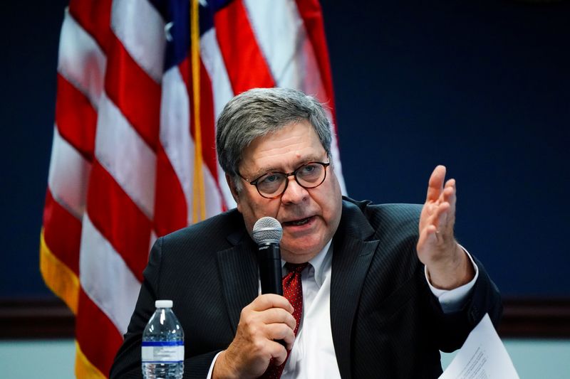 &copy; Reuters. FILE PHOTO: U.S. Attorney General William Barr participates in a roundtable discussion about human trafficking at the U.S. Attorney's Office in Atlanta, Georgia, U.S., September 21, 2020. REUTERS/Elijah Nouvelage/File Photo