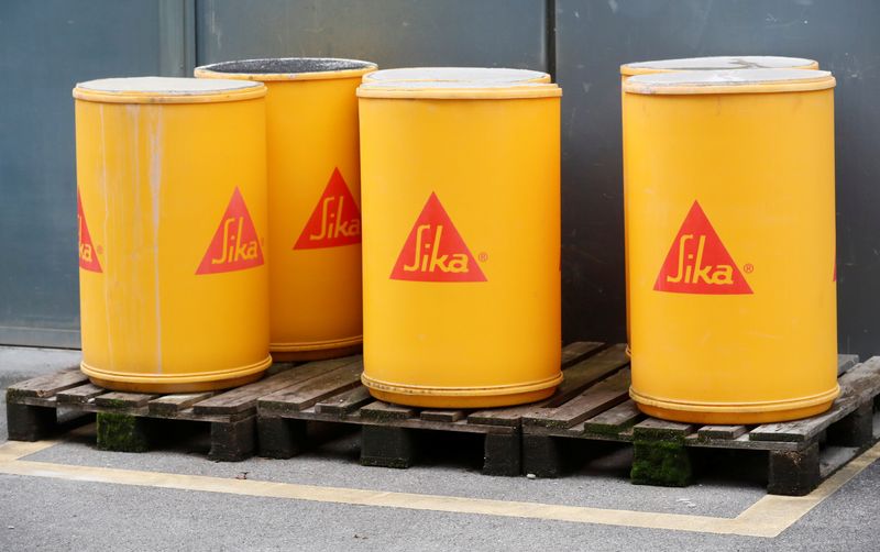 &copy; Reuters. FILE PHOTO: The logo of Swiss chemical group Sika is seen on barrels at the company's headquarters in Zurich, Switzerland October 7, 2021.  REUTERS/Arnd Wiegmann