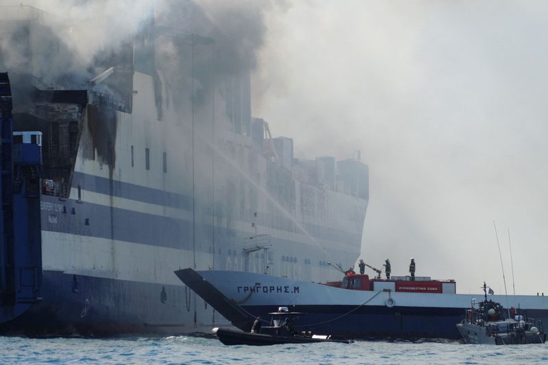 © Reuters. Firefighters spray water as a fire burns on the Italian-flagged Euroferry Olympia off the island of Corfu, Greece, February 18, 2022. REUTERS/Adonis Skordilis