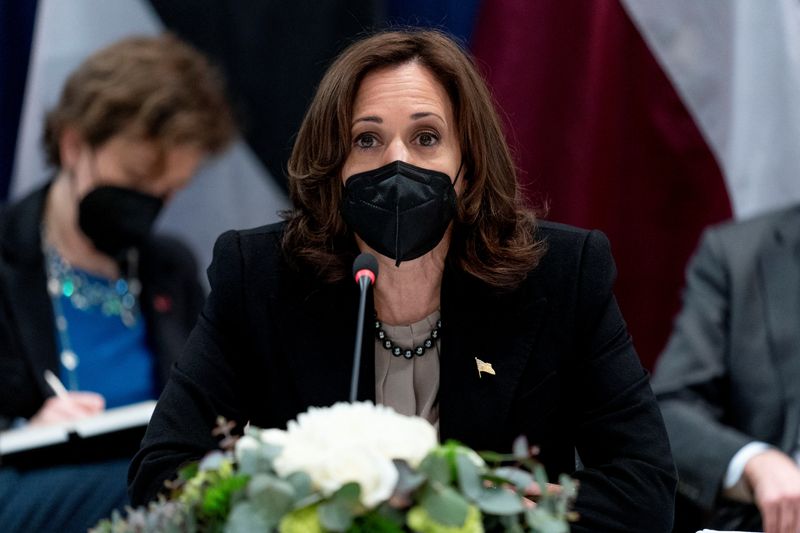 &copy; Reuters. U.S. Vice President Kamala Harris speaks during a meeting with Estonian Prime Minister Kaja Kallas, Latvian President Egils Levits, and Lithuanian President Gitanas Nauseda at the Munich Security Conference in Munich, Germany February 18, 2022. Andrew Har