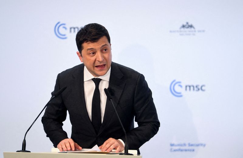 &copy; Reuters. Ukrainian President Volodymyr Zelenskiy speaks during the annual Munich Security Conference, in Munich, Germany February 19, 2022. REUTERS/Andreas Gebert