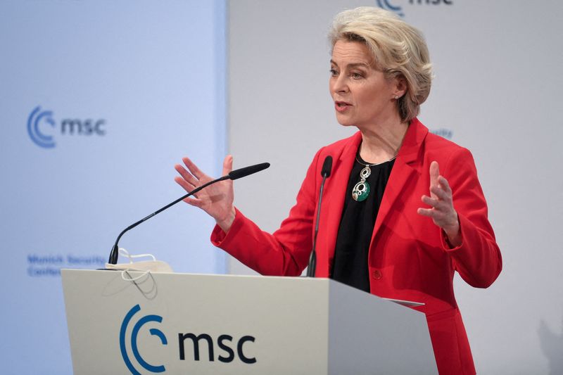 &copy; Reuters. FILE PHOTO: President of the European Commission Ursula von der Leyen speaks during the annual Munich Security Conference, in Munich, Germany February 19, 2022. REUTERS/Andreas Gebert/File Photo
