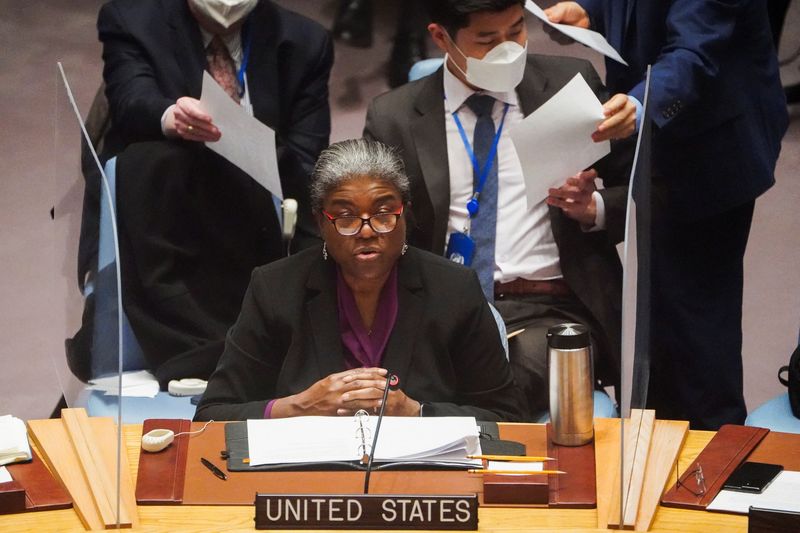 &copy; Reuters. U.S. Ambassador to the UN Linda Thomas-Greenfield speaks as United Nations Security Council meets after Russia recognized two breakaway regions in eastern Ukraine as independent entities, in New York City, U.S. February 21, 2022.  REUTERS/Carlo Allegri