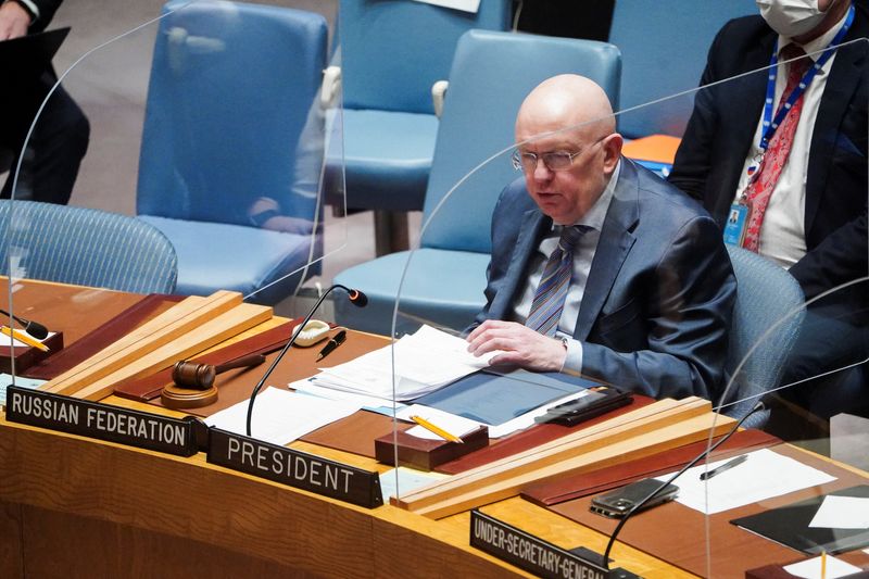 &copy; Reuters. سفير روسيا لدى الأمم المتحدة فاسيلي نيبينزيا  في مجلس الأمن بنيويورك يوم الاثنين. تصوير: كارلو اليجري - رويترز. 