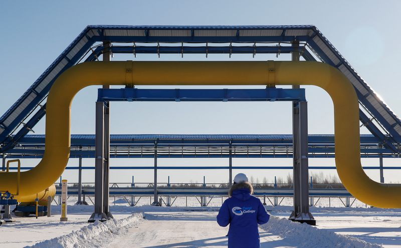 &copy; Reuters. FILE PHOTO: An employee in branded jacket walks past a part of Gazprom's Power Of Siberia gas pipeline at the Atamanskaya compressor station outside the far eastern town of Svobodny, in Amur region, Russia November 29, 2019.  REUTERS/Maxim Shemetov./File 