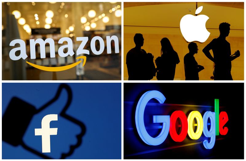 &copy; Reuters. Logotipos da Amazon, Apple, Facebook e Google em uma foto combinada de arquivos da Reuters