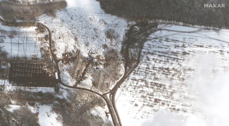 &copy; Reuters. A satellite image shows a battle group deployment, near Belgorod, Russia February 20, 2022. Maxar Technologies/Handout via REUTERS ATTENTION EDITORS - THIS IMAGE HAS BEEN SUPPLIED BY A THIRD PARTY. NO RESALES. NO ARCHIVES. MANDATORY CREDIT. DO NOT OBSCURE