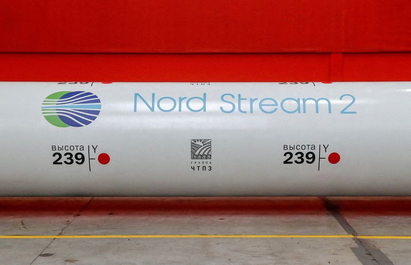 &copy; Reuters. FILE PHOTO: The logo of the Nord Stream 2 gas pipeline project is seen on a large-diameter pipe at the Chelyabinsk Pipe Rolling Plant owned by ChelPipe Group in Chelyabinsk, Russia, February 26, 2020. REUTERS/Maxim Shemetov