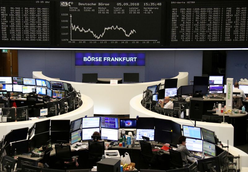 © Reuters. FILE PHOTO: The German share price index DAX graph is pictured at the stock exchange in Frankfurt, Germany, September 5, 2018.    REUTERS/Staff