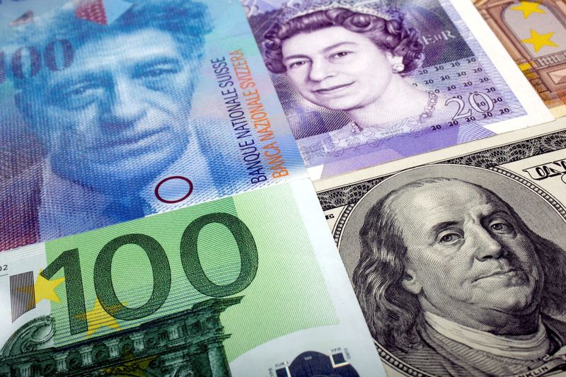 &copy; Reuters. أوراق مالية من الدولار الأمريكي والفرانك السويسري والجنيه الإسترليني واليورو في وارسو بصورة من أرشيف رويترز.