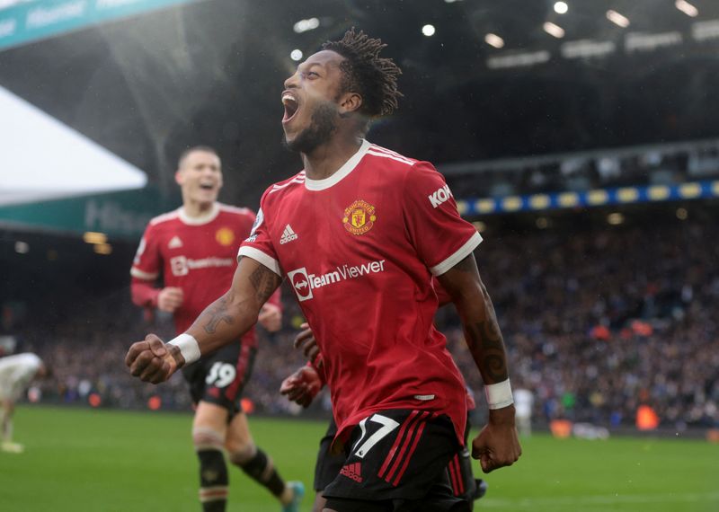 &copy; Reuters. Fred, do Manchester United, comemora gol marcado em partida contra o Leeds United pelo Campeonato Inglês
20/02/2022 Action Images via Reuters/Lee Smith