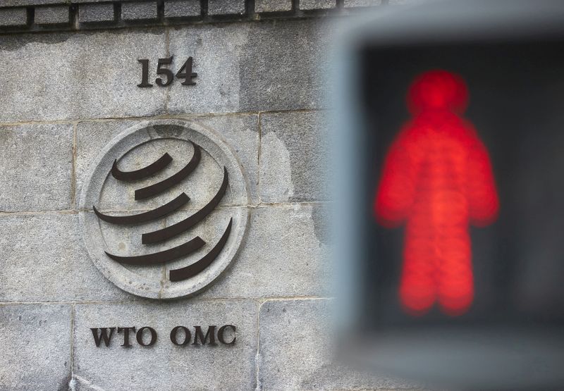&copy; Reuters. FILE PHOTO: A logo is pictured on the World Trade Organisation (WTO) building before a ministerial meeting to discuss a draft agreement on curbing subsidies for the fisheries industry in Geneva, Switzerland, July 15, 2021. REUTERS/Denis Balibouse/File Pho
