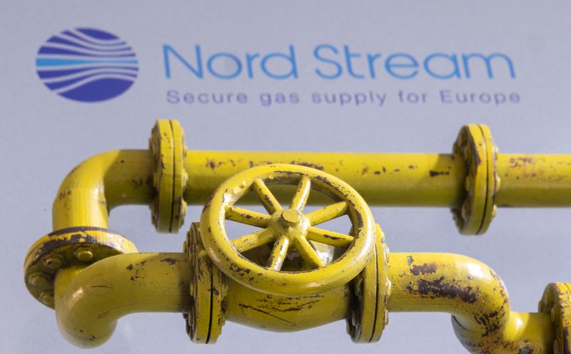 &copy; Reuters. Imagen ilustrativa de cañerías de gas elaboradas en una impresora 3D puestas frente a una proyección del logo de Nord Stream tomada el 31 de enero, 2022. REUTERS/Dado Ruvic/Ilustración