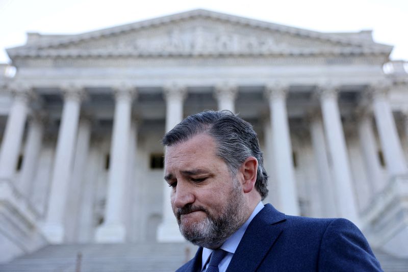 &copy; Reuters. FILE PHOTO: Senator Ted Cruz (R-TX) ) speaks with reporters outside the Capitol building in Washington following a roll call vote in the Senate, U.S. April 19, 2021. REUTERS/Evelyn Hockstein/File Photo