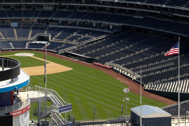 &copy; Reuters. FILE PHOTO: The empty field and stands at Nationals Park, home of Major League Baseball’s (MLB) Washington Nationals, are seen after it was reported MLB owners approved a plan that could start the coronavirus disease (COVID-19) outbreak-delayed season a