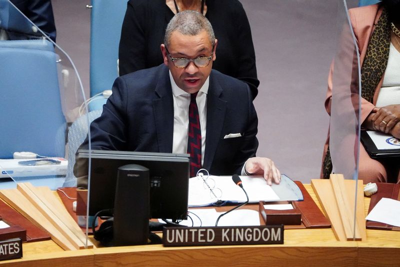 &copy; Reuters. FILE PHOTO: British Minister of State for Middle East, North Africa and North America James Cleverly speaks during a meeting of the U.N. Security Council on the situation between Russia and Ukraine, at the United Nations Headquarters in Manhattan, New Yor