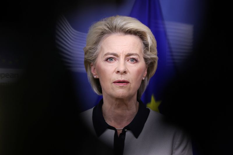 &copy; Reuters. European Commission President Ursula von der Leyen speaks during a statement on Russia's attack on Ukraine, in Brussels, Belgium February 24, 2022. Kenzo Tribouillard/Pool via REUTERS