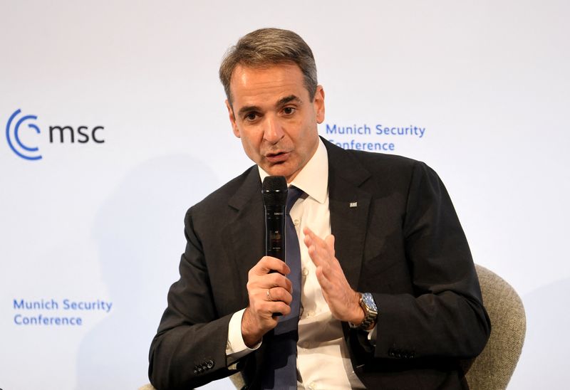 &copy; Reuters. FILE PHOTO - Greek Prime Minister Kyriakos Mitsotakis speaks during the annual Munich Security Conference, in Munich, Germany February 18, 2022. REUTERS/Andreas Gebert